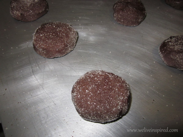 The Chocolate Drop cookies are ready to bake. I made my dough balls a little larger and flattened them out on top just slightly. This worked better for my Shortening version of these cookies.